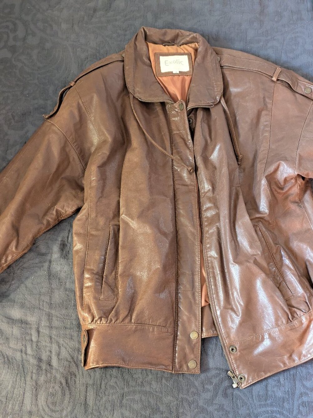 Vintage 80s Oversized Heavy Brown Genuine Leather Bomber Jacket - Size M